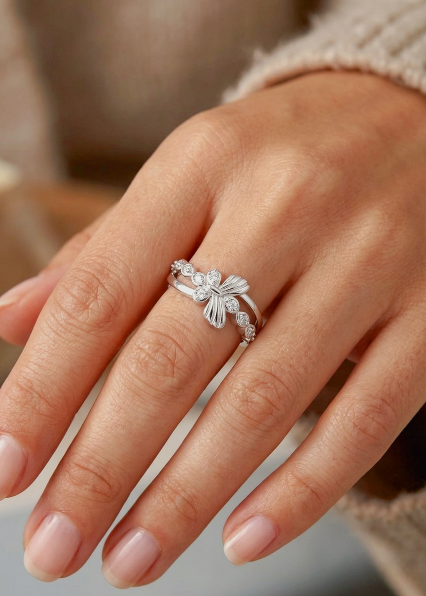 Pure 925 Sterling Silver Butterfly Ring for Women | Adjustable AAA+ Cubic Zirconia Rhodium Plated Ring for Valentine