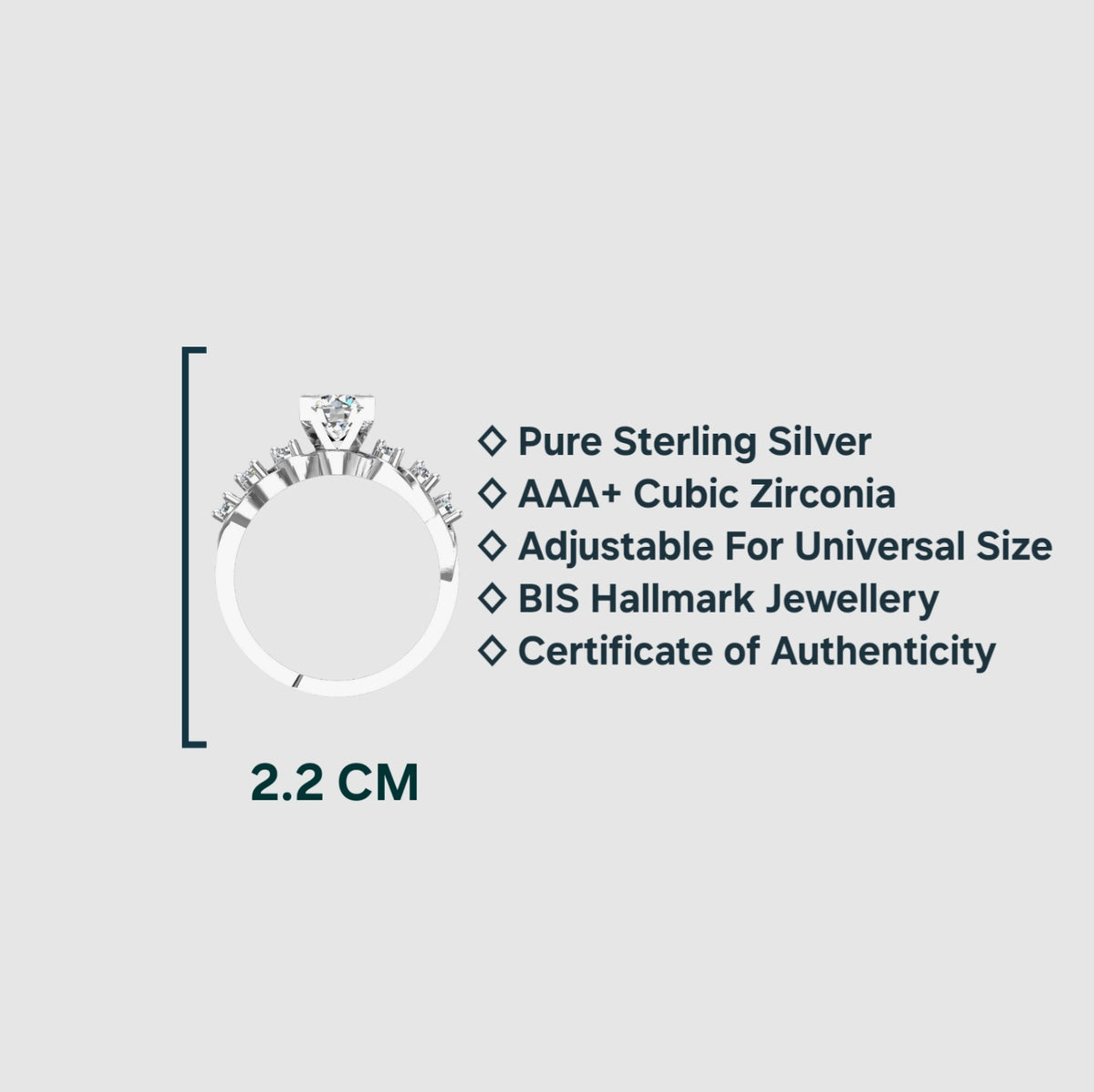 Pure 925 Sterling Silver Ring for Women | Adjustable Solitaire 6MM AAA+ Cubic Zirconia Rhodium Plated Ring