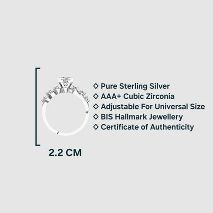 Pure 925 Sterling Silver Ring for Women | Adjustable Solitaire 6MM AAA+ Cubic Zirconia Rhodium Plated Ring