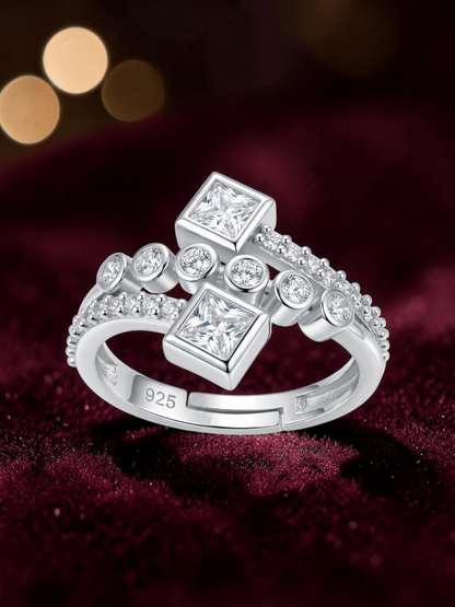 Pure 925 Sterling Silver Ring for Women | Adjustable Ring for Girls | Square AAA+ Cubic Zirconia Rhodium Plated Ring