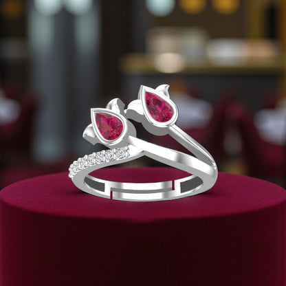 Pure 925 Sterling Silver Ring for Woman | Birch Ruby Adjustable Ring | Sterling Silver Crystal, Cubic Zirconia Rhodium Plated Ring
