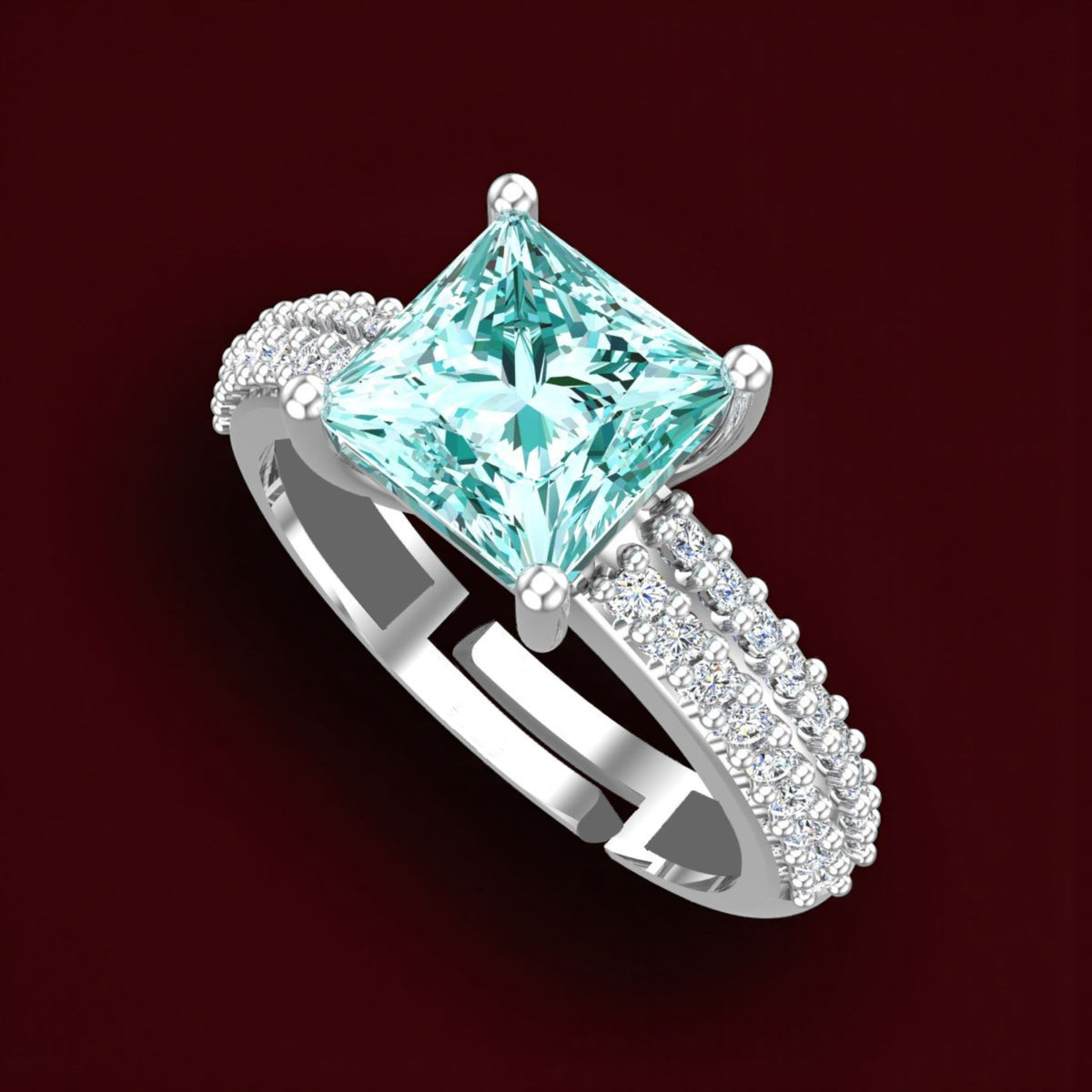 Pure 925 Sterling Silver Ring for Woman | Adjustable Square Forest Green Zirconia Rhodium Plated Ring
