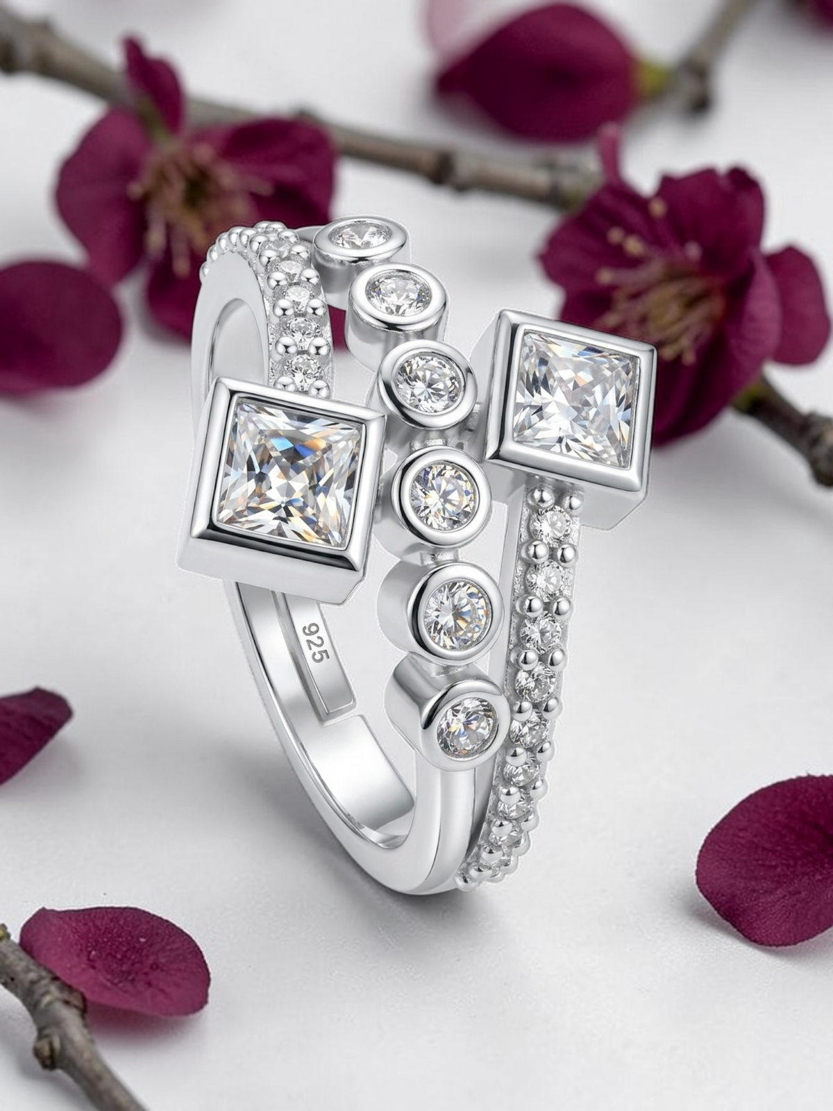 Pure 925 Sterling Silver Ring for Women | Adjustable Ring for Girls | Square AAA+ Cubic Zirconia Rhodium Plated Ring