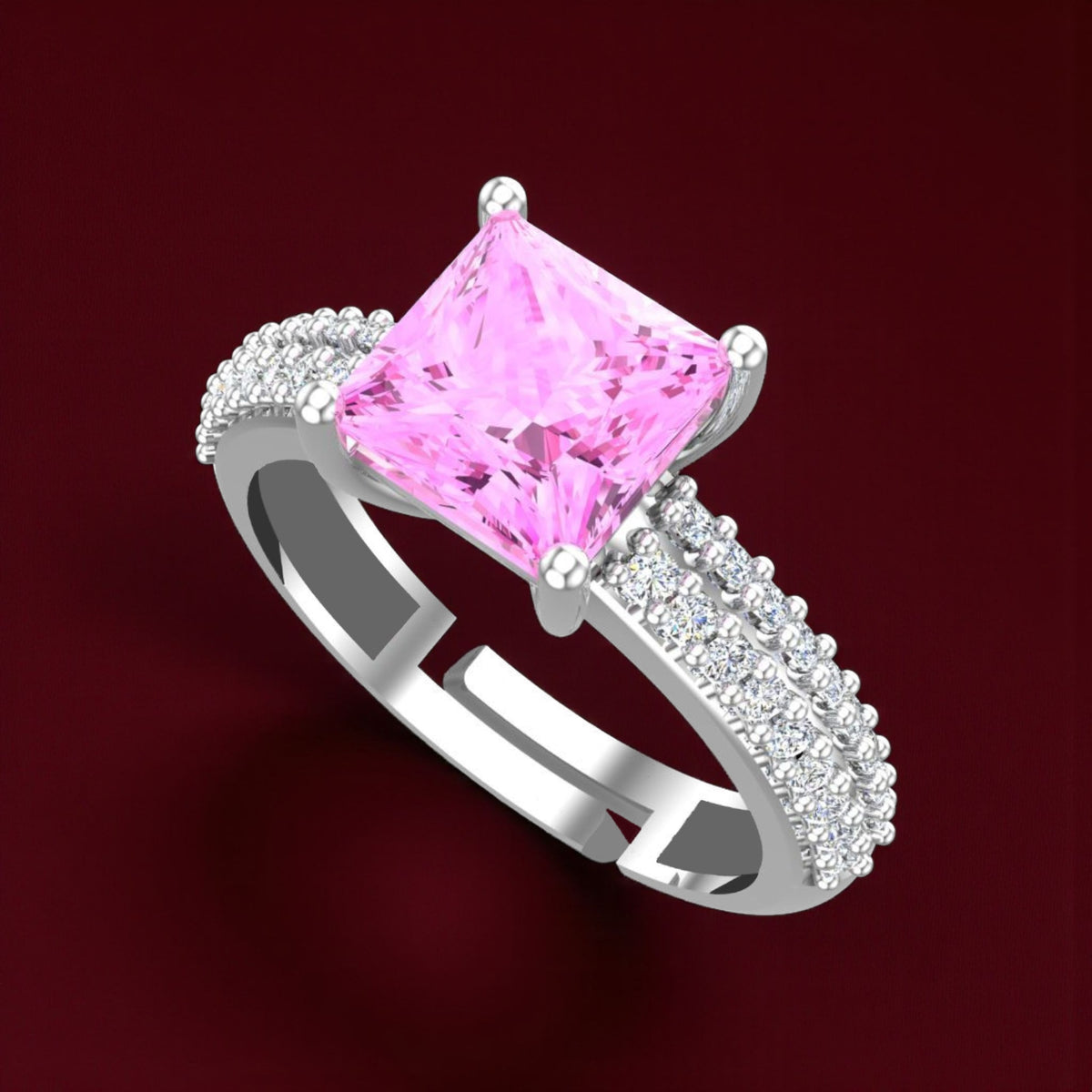 Pure 925 Sterling Silver Ring for Women | Adjustable Squares Pink Zircon Rhodium Plated Ring