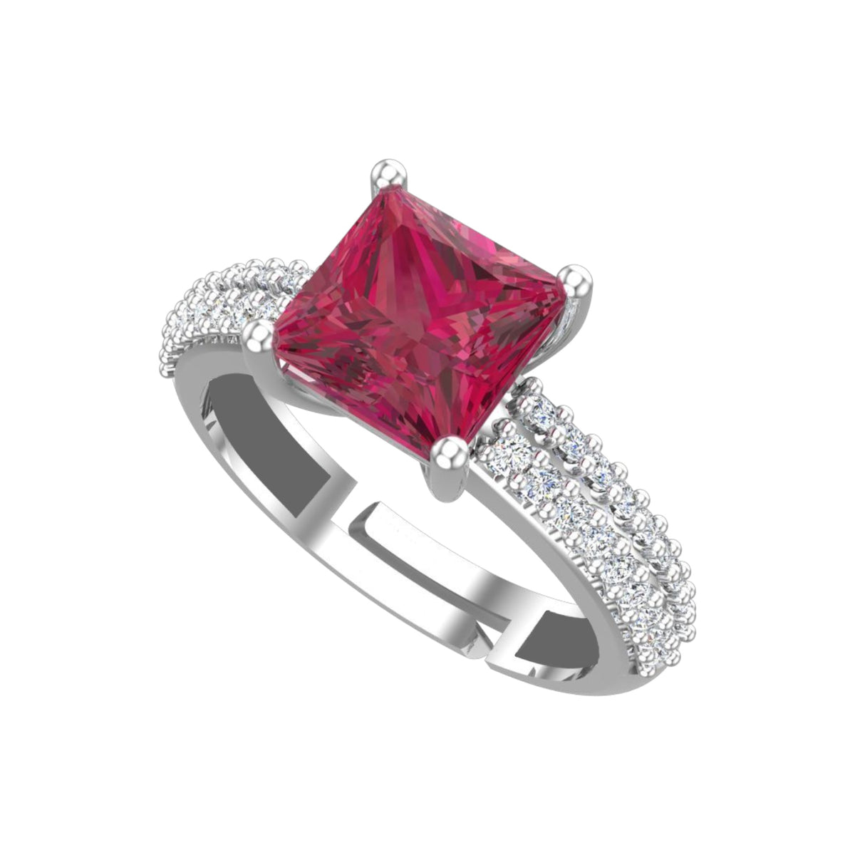 Pure 925 Sterling Silver Ring for Women | Rhodium Plated Adjustable Crystal Ruby Ring