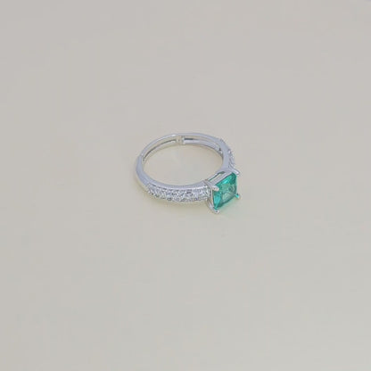 Pure 925 Sterling Silver Ring for Woman | Adjustable Square Forest Green Zirconia Rhodium Plated Ring