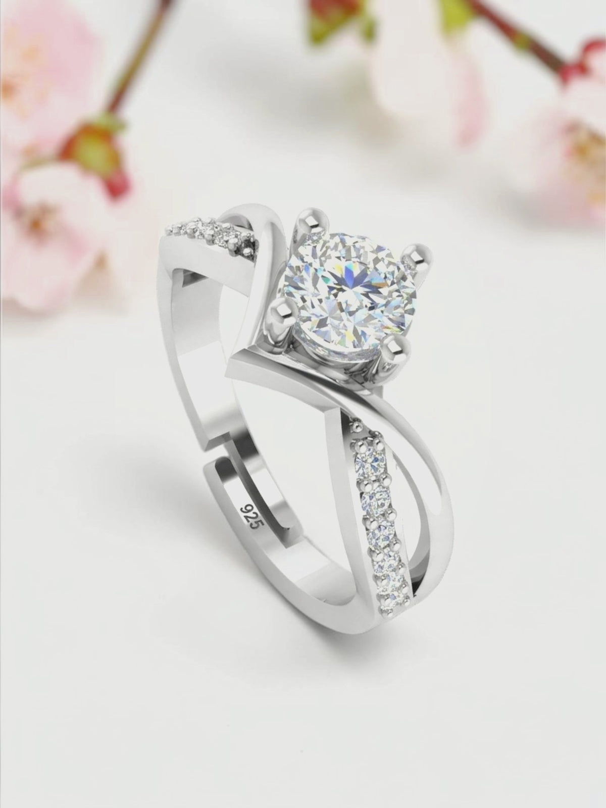 SH24K 925 Adjustable V-Shape Solitaire Silver Ring for Women