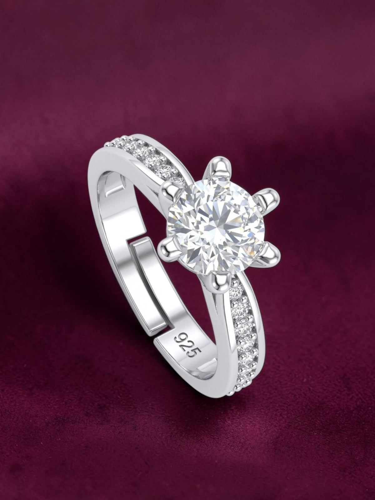 SH24K 925 Sterling Silver Solitaire Adjustable Ring for Women & Girls