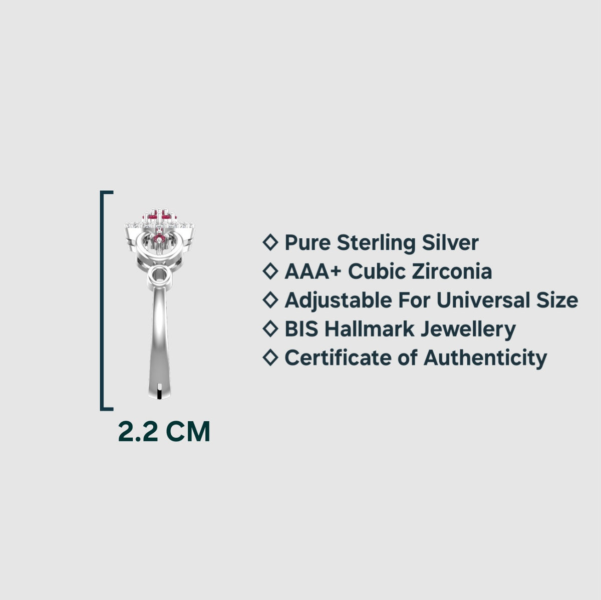 Pure 925 Sterling Silver Ring for Women | Ruby Touch Adjustable Cubic Zirconia Rhodium Plated Ring