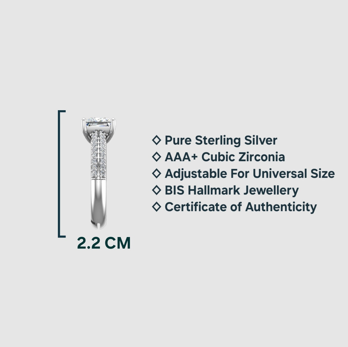 Pure 925 Sterling Silver Ring for Women | Adjustable Rhodium Plated 6/6MM AAA+ Square Zirconia Ring