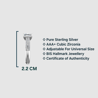 Pure 925 Sterling Silver Ring for Women | Adjustable Rhodium Plated 6/6MM AAA+ Square Zirconia Ring