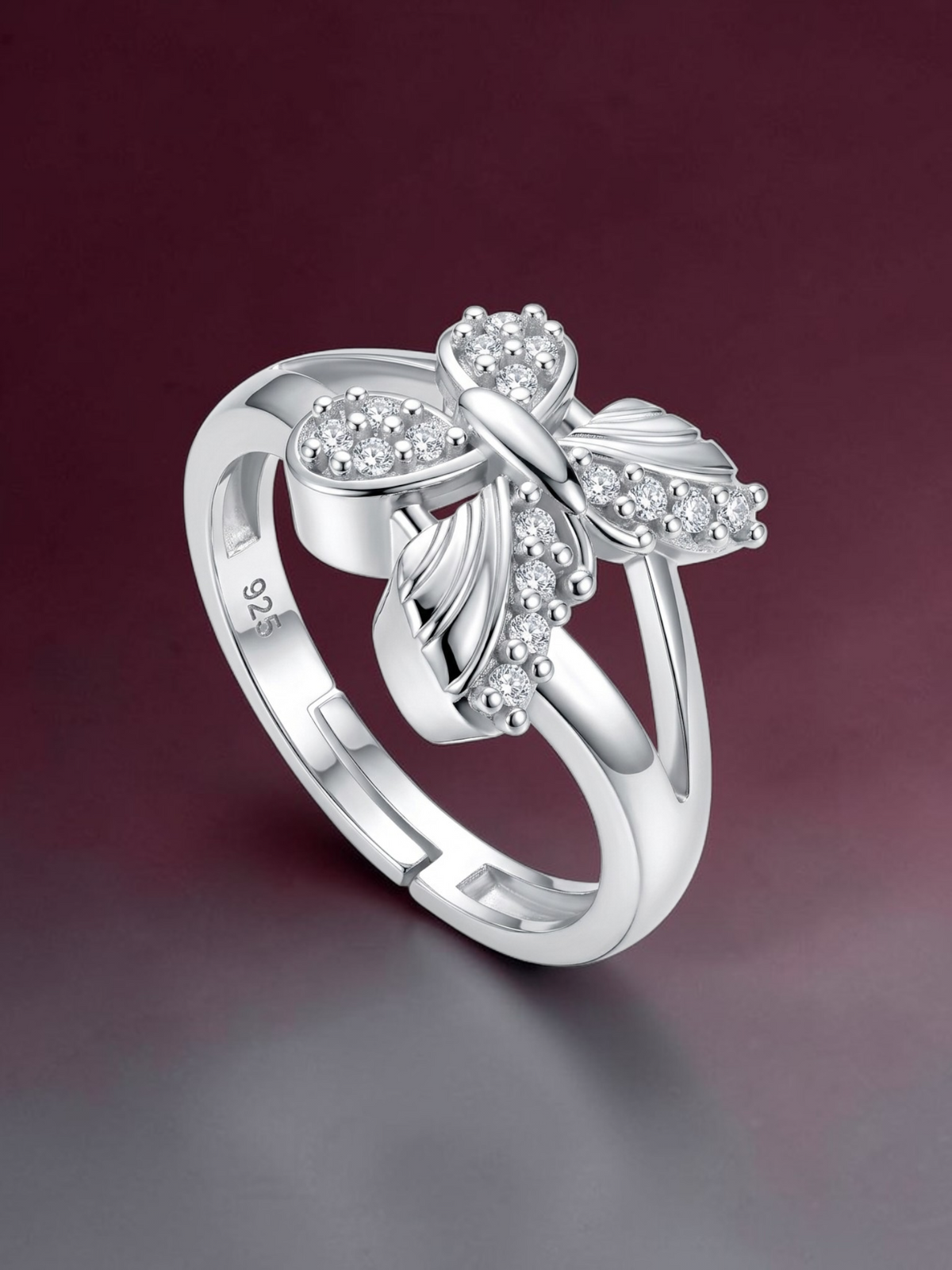 925 Sterling Silver Butterfly Ring for Woman | Adjustable AAA+ Cubic Zirconia Rhodium Plated Ring
