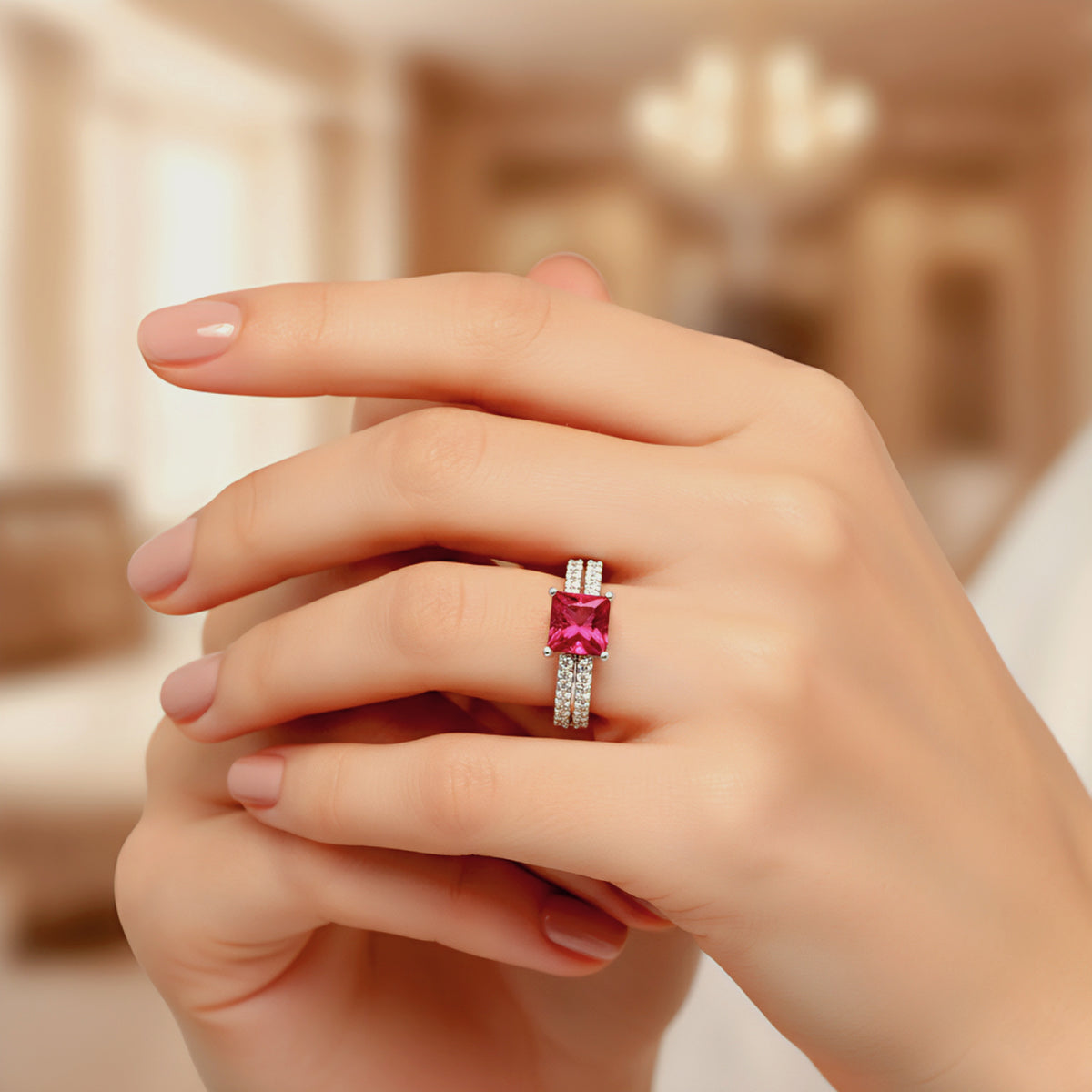 Pure 925 Sterling Silver Ring for Women | Rhodium Plated Adjustable Crystal Ruby Ring