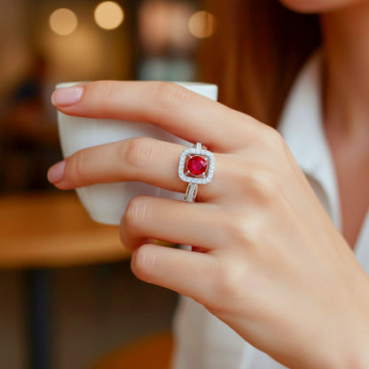 Pure 925 Sterling Silver Ring for Women | Adjustable Cubic Crystal Ruby Ring | Cubic Zirconia, Rhodium Plated Ring