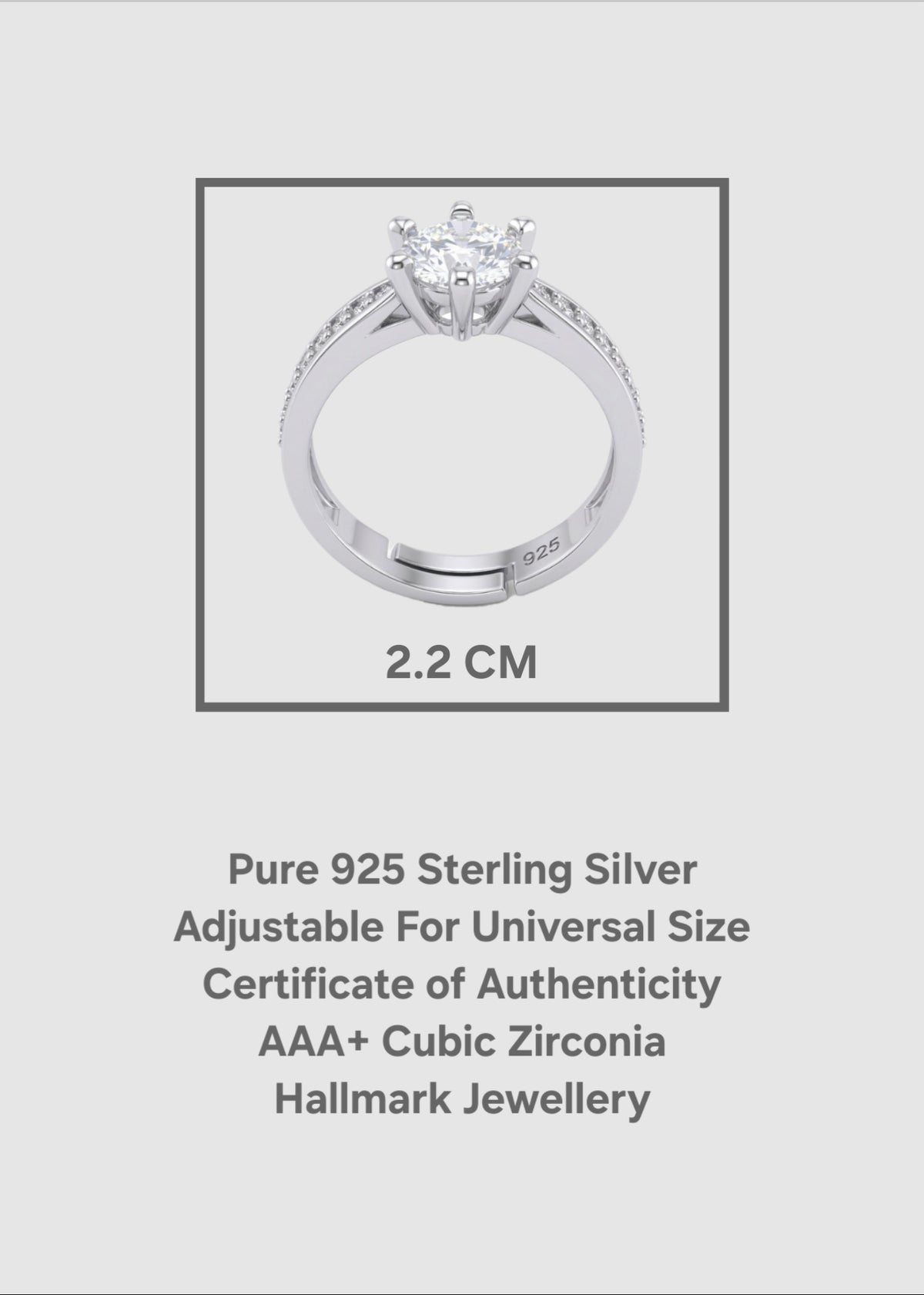 SH24K 925 Sterling Silver Solitaire Adjustable Ring for Women & Girls