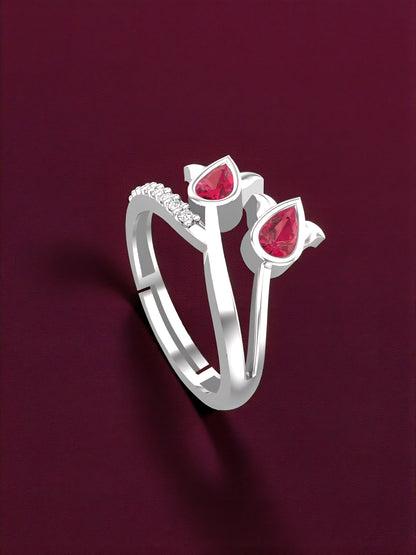 Pure 925 Sterling Silver Ring for Woman | Birch Ruby Adjustable Ring | Sterling Silver Crystal, Cubic Zirconia Rhodium Plated Ring