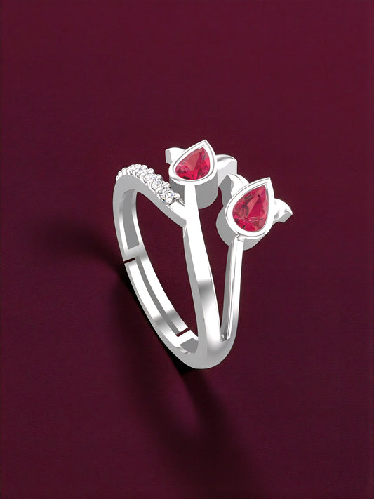 Pure 925 Sterling Silver Ring for Woman | Birch Ruby Adjustable Ring | Sterling Silver Crystal, Cubic Zirconia Rhodium Plated Ring