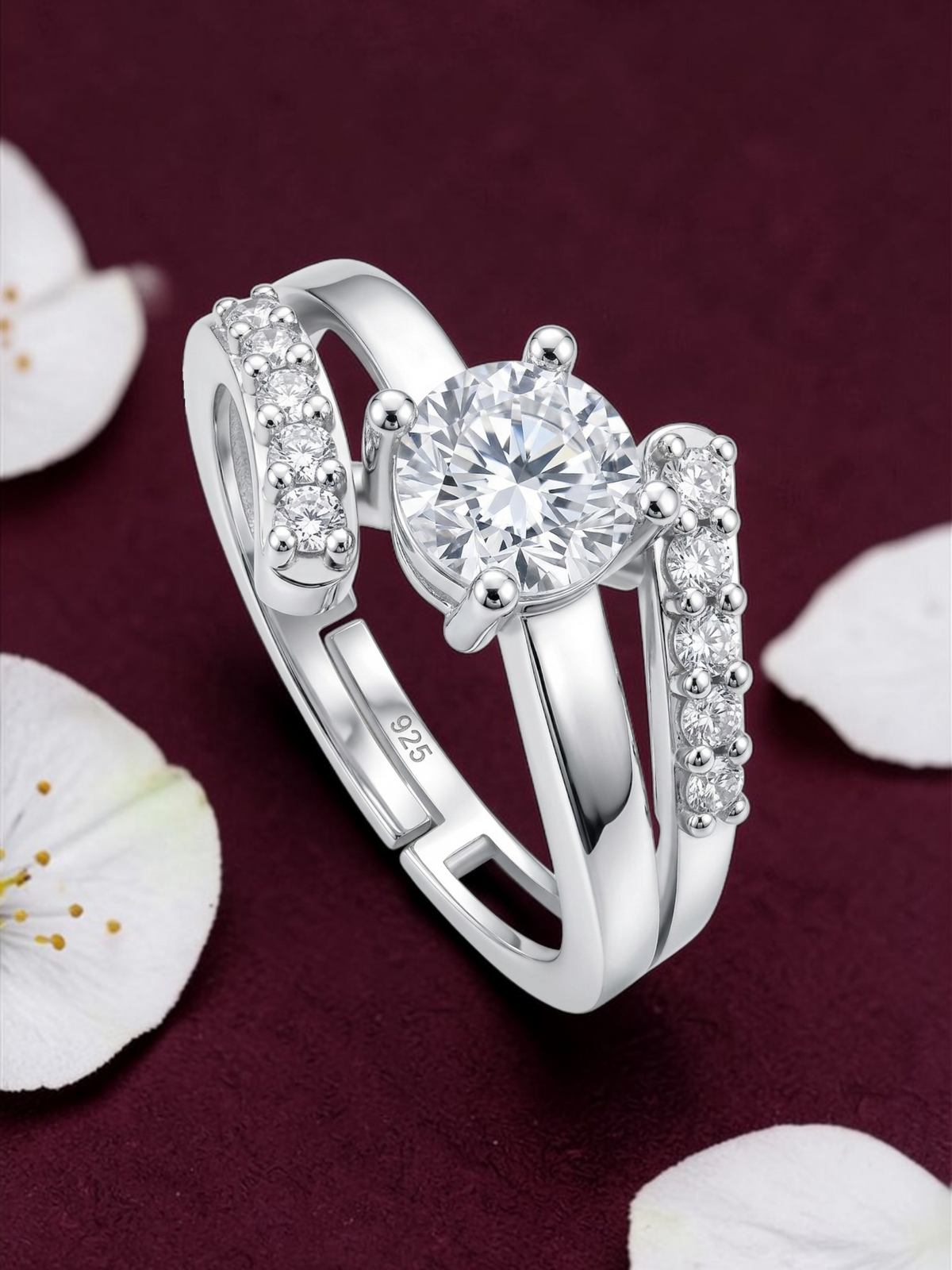 925 Sterling Silver Adjustable Ring for Girls & Women | 5MMAAA+ Cubic Zirconia Rhodium Plated Ring
