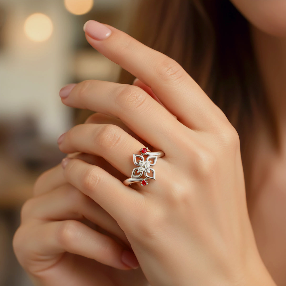 Sterling Silver Ring for Women | Ruby Touch Adjustable Cubic Zirconia Rhodium Plated Ring for Girls