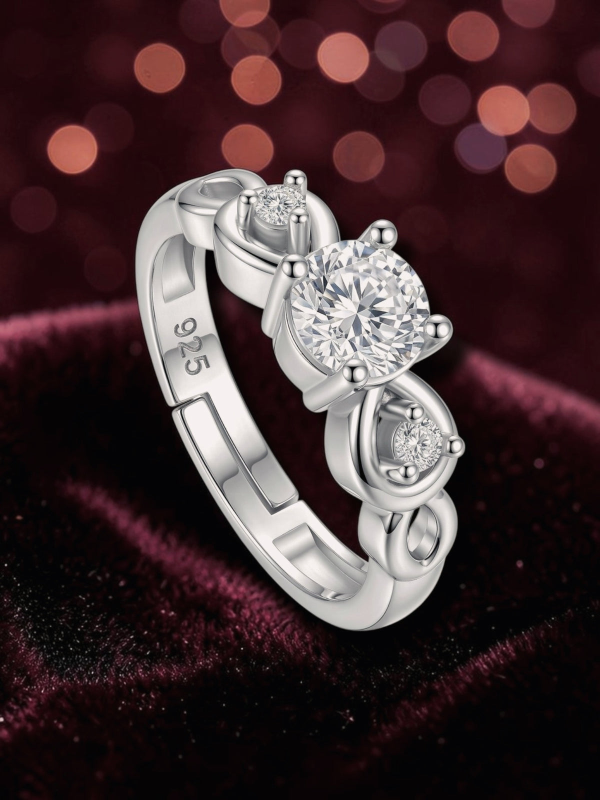 SH24K 925 Sterling Silver for Women 3-Stone Adjustable Ring with CZ