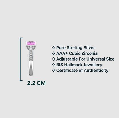 Pure 925 Sterling Silver Ring for Women | Adjustable Squares Pink Zircon Rhodium Plated Ring