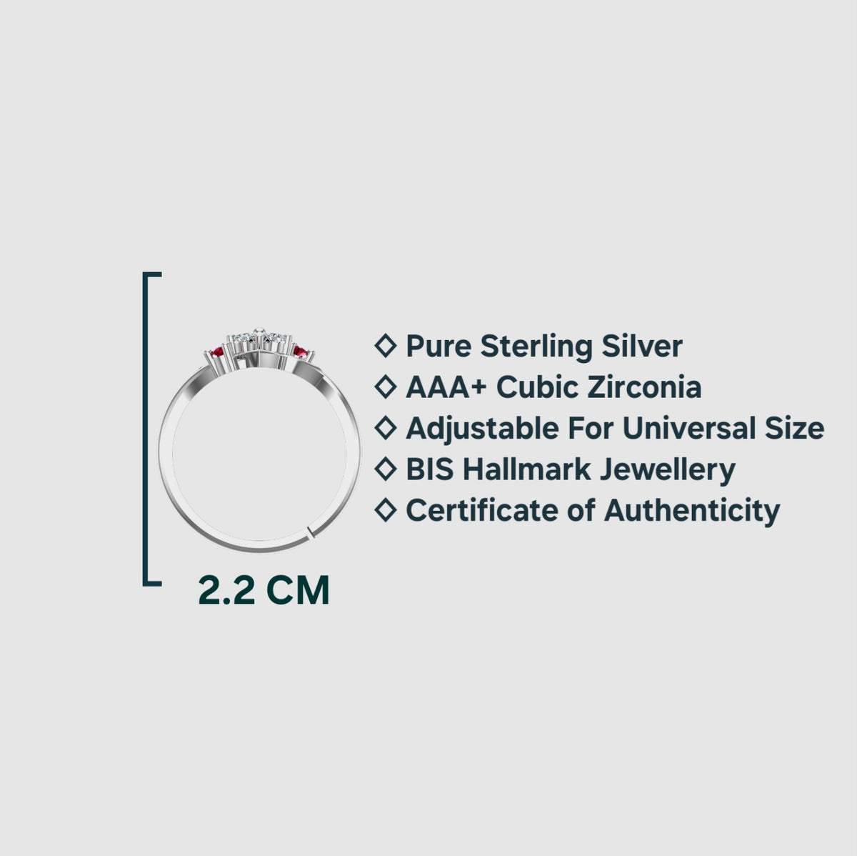 Sterling Silver Ring for Women | Ruby Touch Adjustable Cubic Zirconia Rhodium Plated Ring for Girls