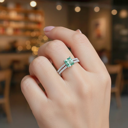 Pure 925 Sterling Silver Ring for Woman | Adjustable Square Forest Green Zirconia Rhodium Plated Ring