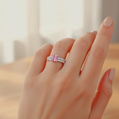 Pure 925 Sterling Silver Ring for Women | Adjustable Squares Pink Zircon Rhodium Plated Ring